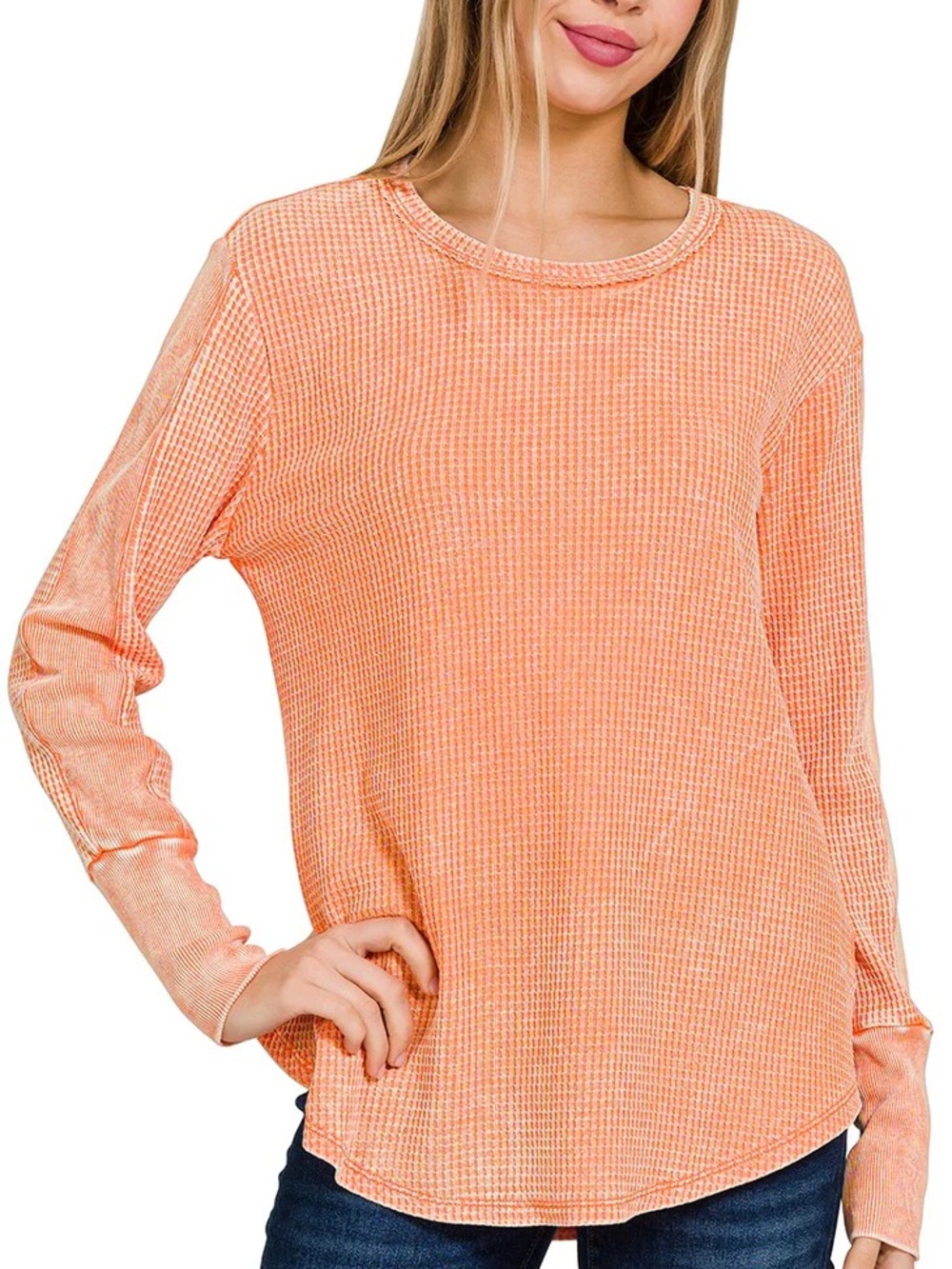 ZENANA Oversized Vintage Washed Waffle Long Sleeve Top in Peachy Orange